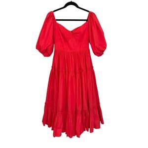 ATSU Tiered Midi Dress Size 2 Red Puff Sleeve Cottagecore Boho Holiday Romantic